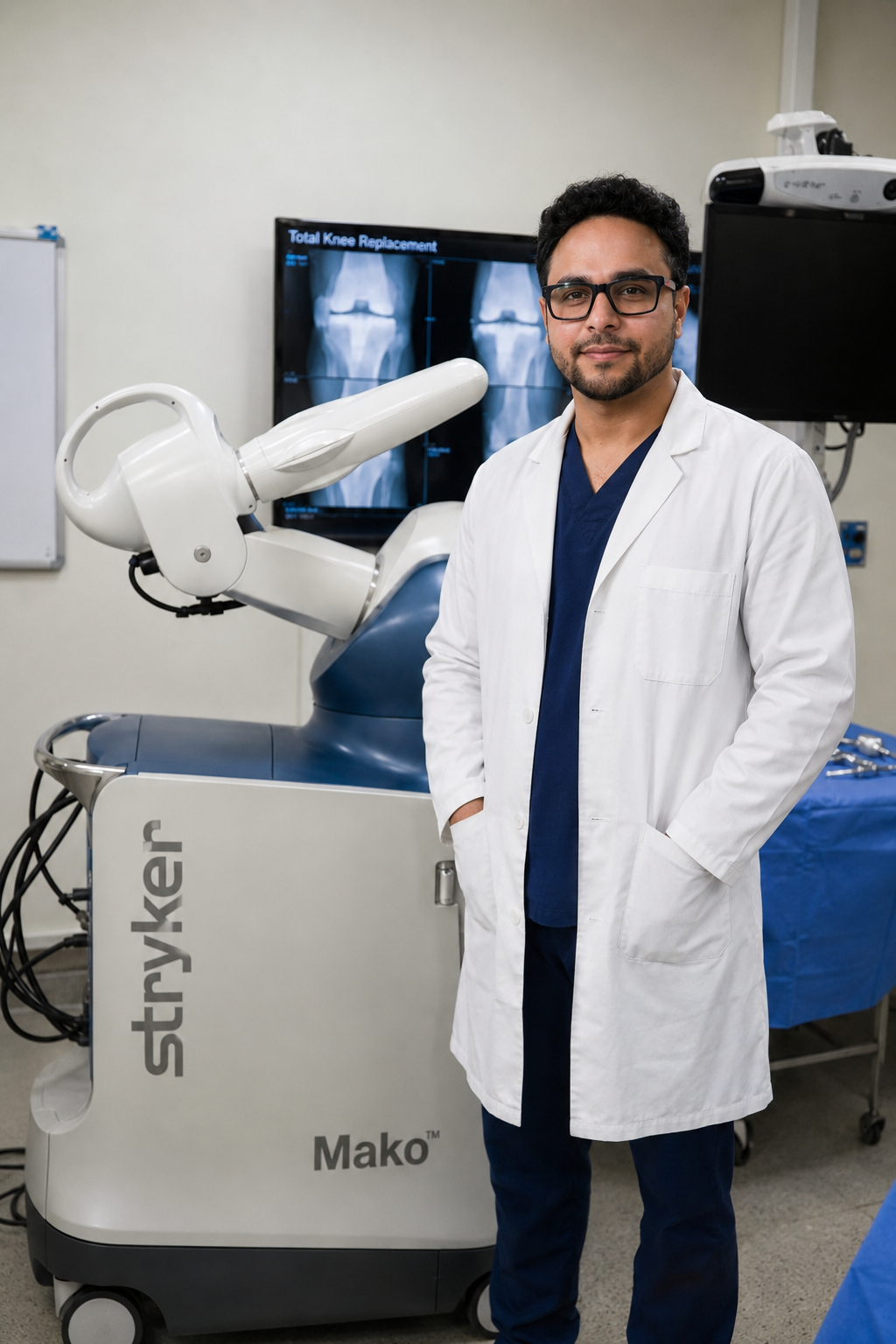 Surgeon examining a 3D knee joint model — robotic knee replacement planning by Dr. Ankkur Kumar Pune